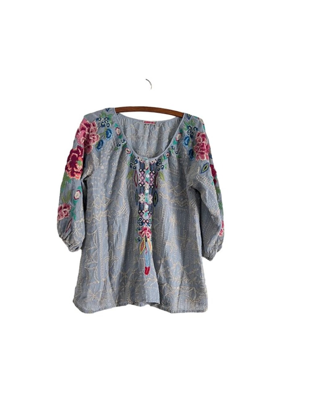 Johnny Was Womens Blue Floral Fully Embroidered Rayon Boho Blouse Top Size XS
